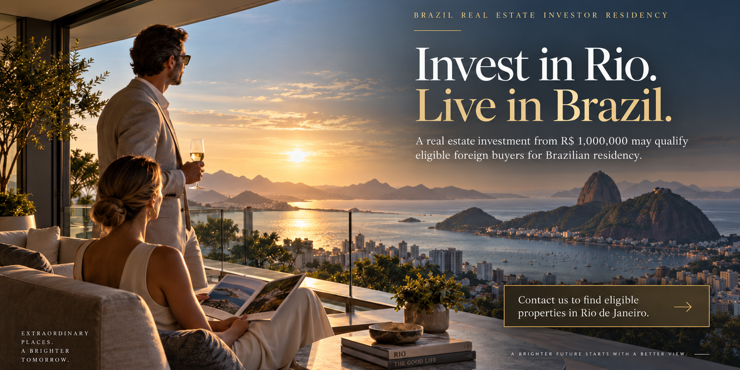 Luxury Rio de Janeiro view with headline about Brazilian residency through real estate investment