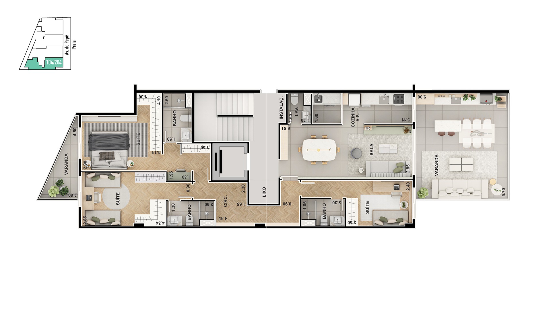Varandas do Pepê — Planta ilustrativa do apartamento de 3 suítes
